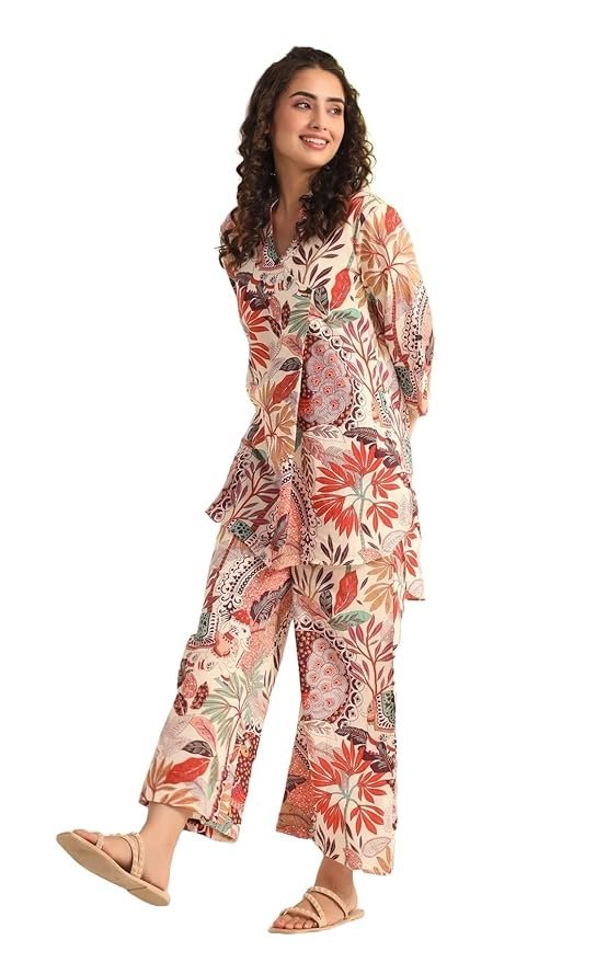 71AXZeNSy8L._SY879_.jpg Women Kurta Set For Women|Co-Ords Set|Kurta Pant Set|Coordinate Set|Summer Suit|Printed Short Kurti With Pant Set| - Image 1
